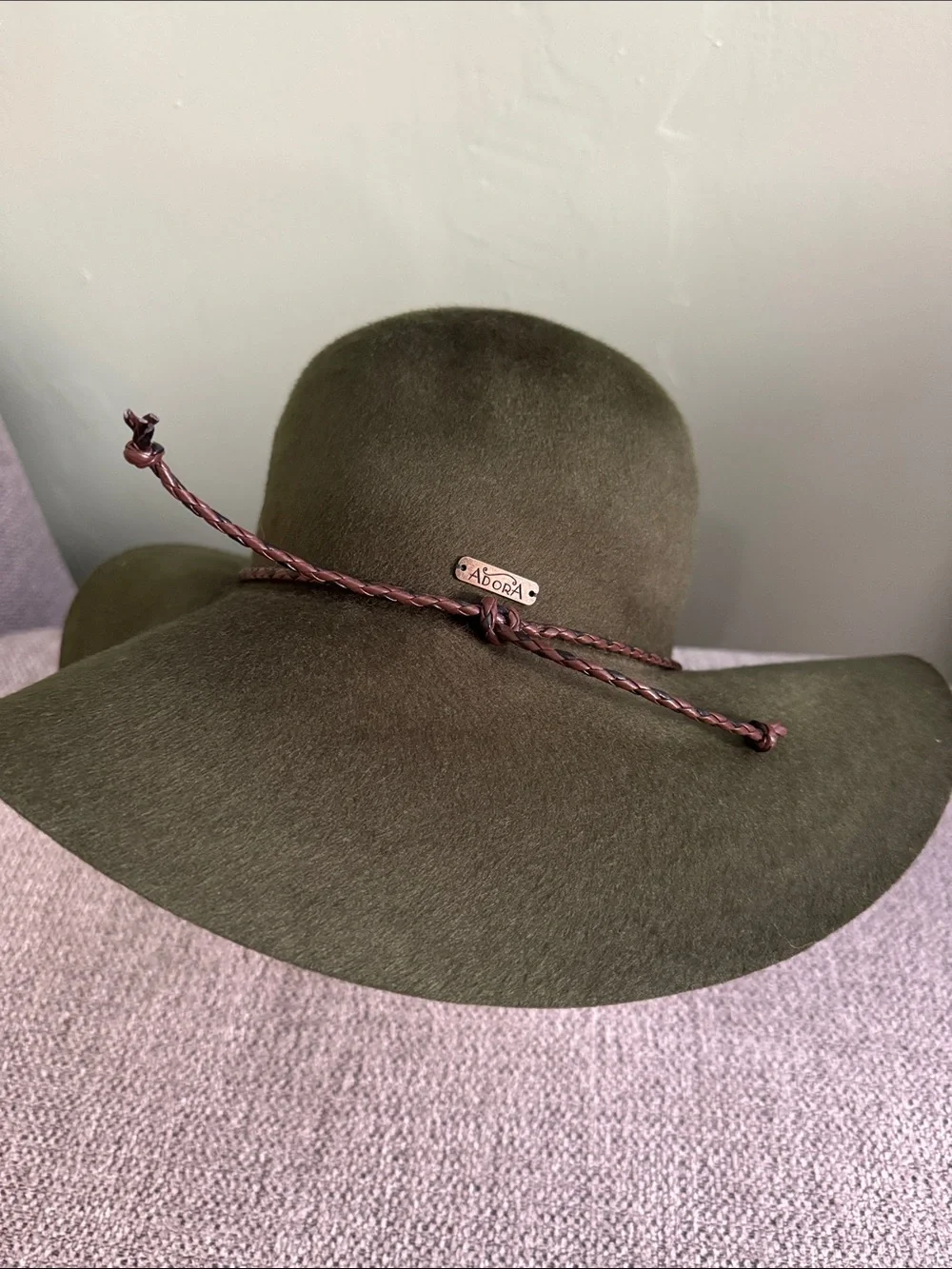 ADORA NWT 100% Wool Olive Brown Floppy Cowboy Hat with Braided Band